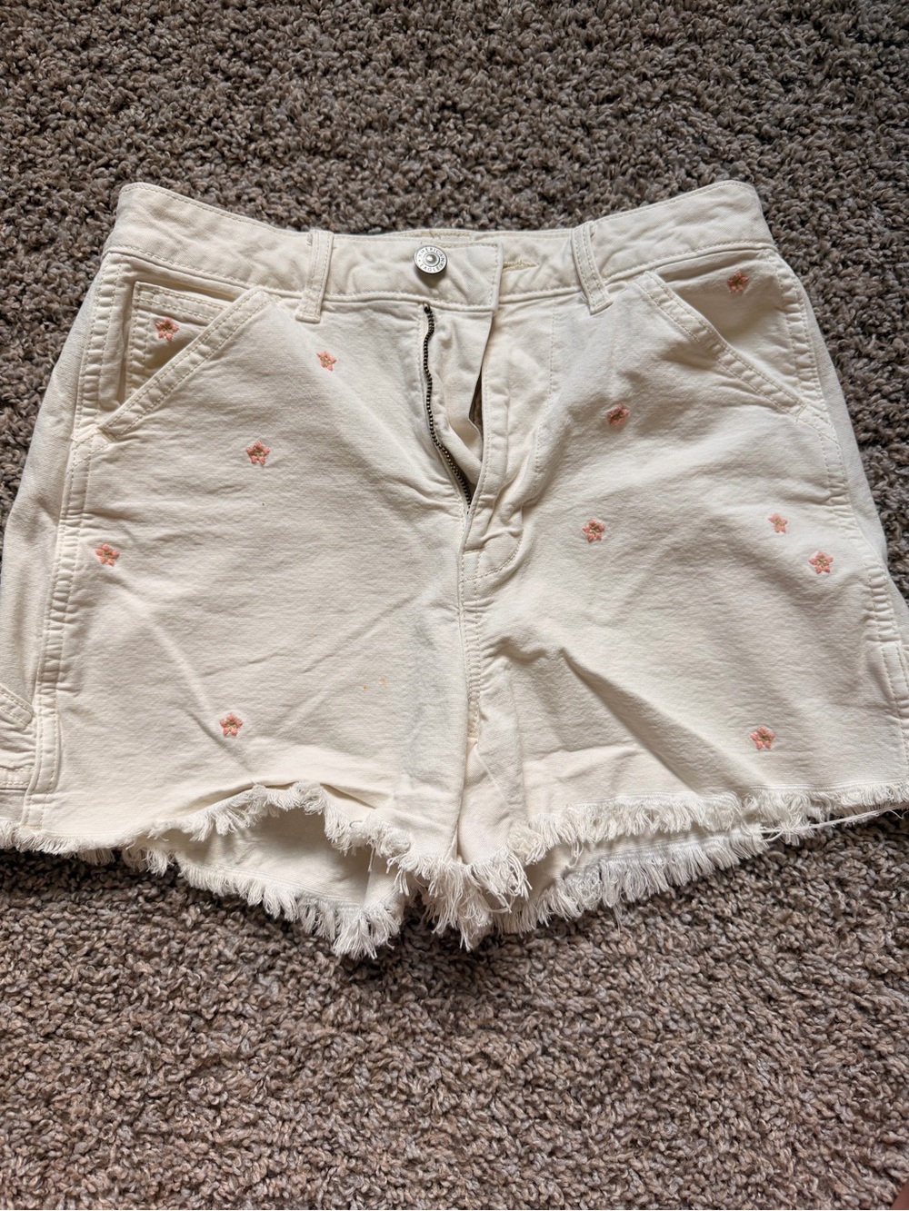 American Eagle Outfitters Cream Denim Shorts with Pink Floral Embroidery